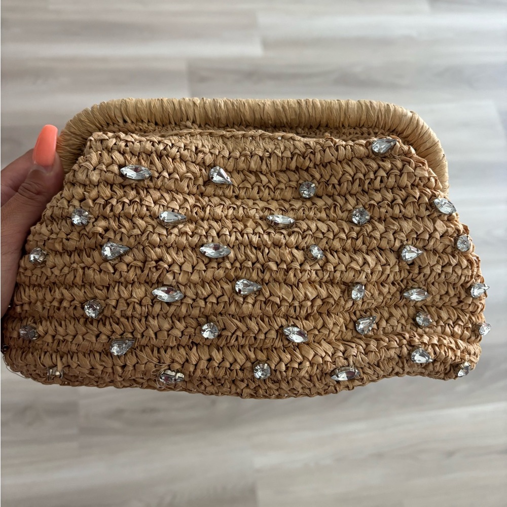 NWT Kelly & Katie Tan Woven Clutch with Crystal Embellishments